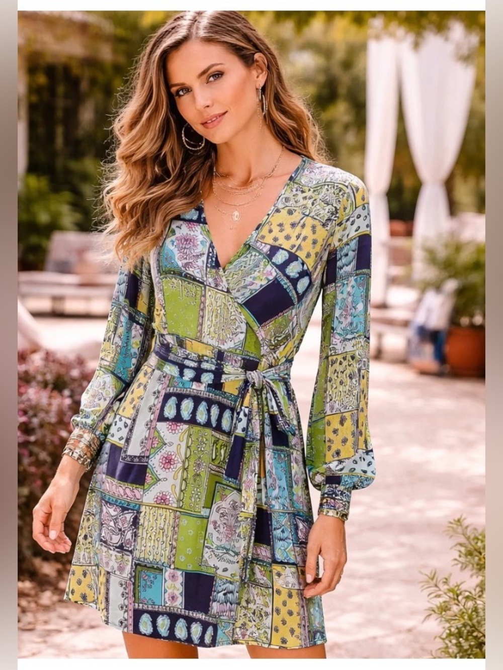 Lily Pulitzer Silk Green Navy Patchwork Wrap Dress Size 8